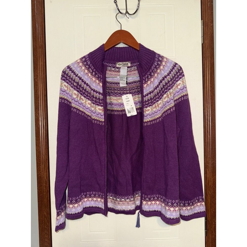 NWT Tiara International Design Purple Full Zip Mock Neck Fair Isle Sweater Med - Picture 5 of 12